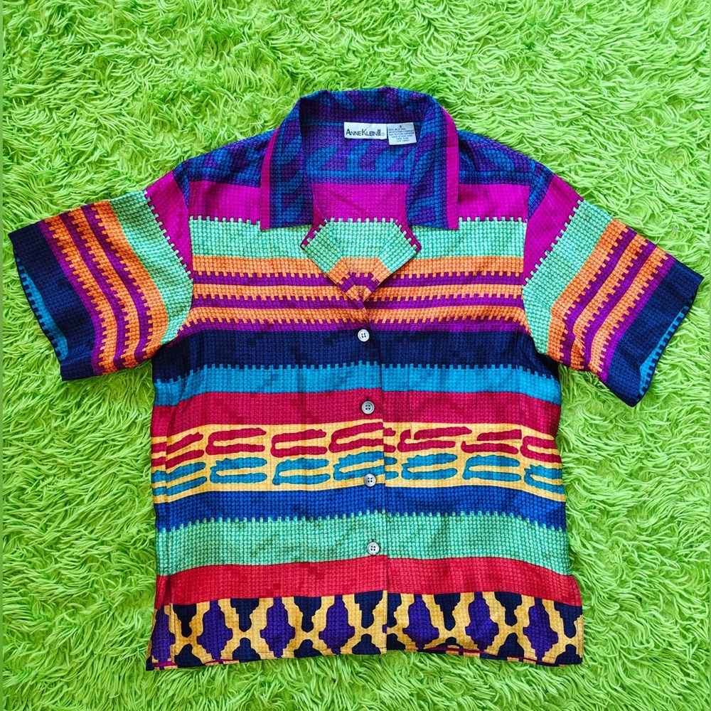 90s “Anne Klein II” button down colorful silk blouse